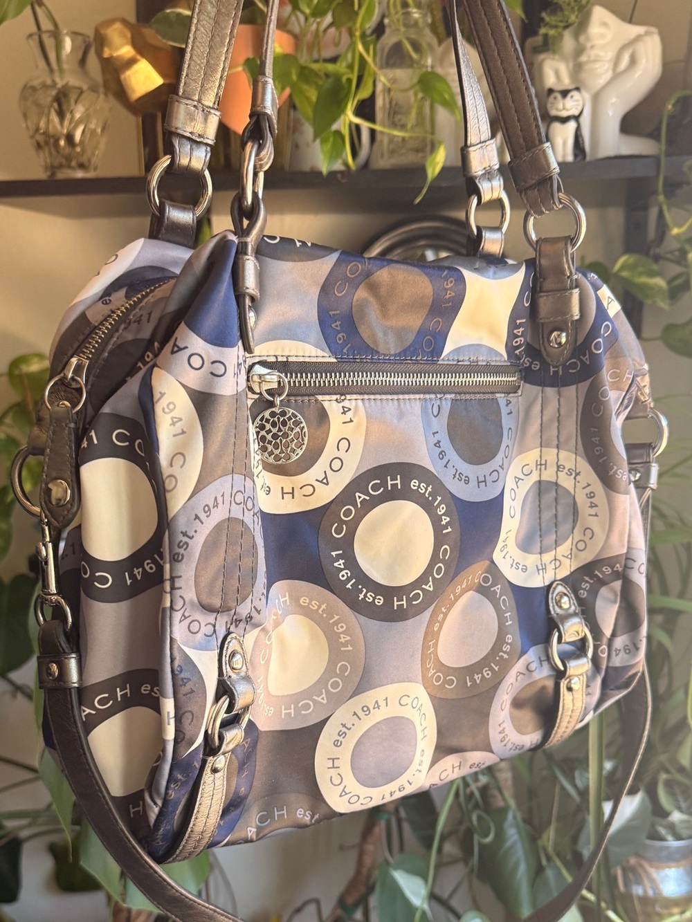 Coach F17582 - Navy and Gray Signature Ring-Print Shoulder Bag